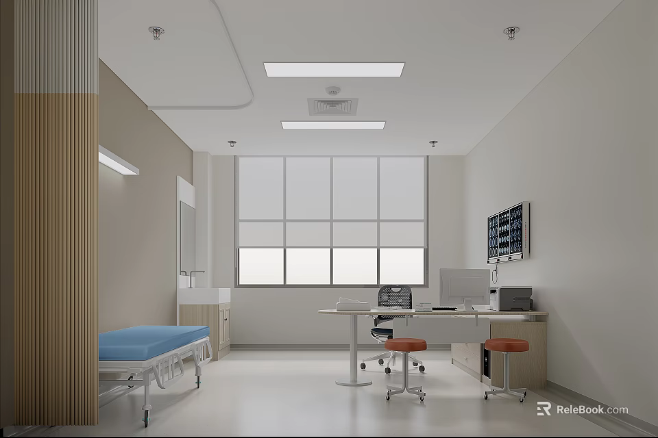 Bright Hospital Outpatient Clinic Room With Bed Desks And Monitors 3d model 
