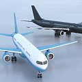 Black Passenger Airplane Flying in Sky and Light Blue Airliner Parked on Ground
