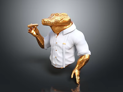 Golden Crocodile 3D Model Wearing White Shirt Holding Small Object With Detailed Features 3d model
