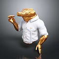 Golden Crocodile 3D Model Wearing White Shirt Holding Small Object With Detailed Features