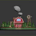 Miniature Farm Scene With Red Barn Windmill Red Car Trees And Fence