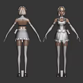 Women in Maid Outfits Front Back View With Brown Hair Frilled Apron Gloves Stockings