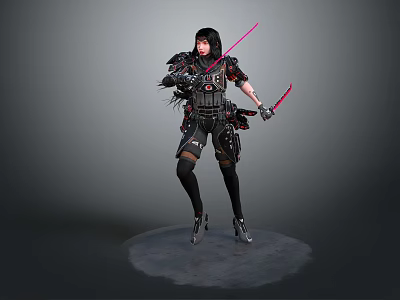 Game Movie Female Character With Long Black Hair In Combat Armor Red Swords Battle Stance 3d model