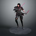Game Movie Female Character With Long Black Hair In Combat Armor Red Swords Battle Stance
