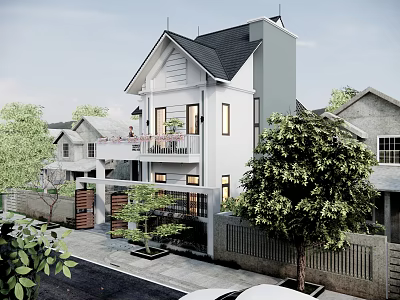 Detached Villa Exterior Design With White Facade Balcony Large Windows And Surrounding Trees Driveway 3d model