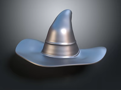 Silver Metallic Wizard Hat With Pointed Top And Wide Brim Design 3d model