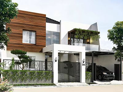 Modern Detached Villa With Wooden Facade White Walls Greenery Black Gate And Parking Space 3d model