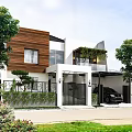 Modern Detached Villa With Wooden Facade White Walls Greenery Black Gate And Parking Space