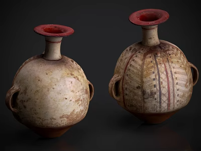 Two Traditional Ceramic Vessels With Red Rims And Decorative Patterns 3d model
