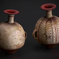 Two Traditional Ceramic Vessels With Red Rims And Decorative Patterns