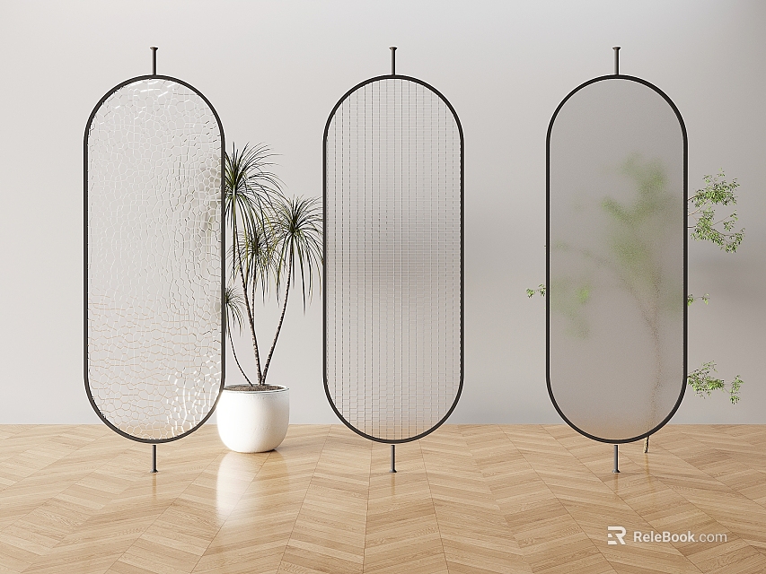 Modern Black Frame Oval Room Dividers With Textured Panels Potted Plants And Wooden Floor 3d model 
