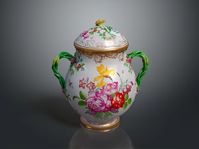 Intricate Ceramic Sculpture With Lid Green Handles Floral Patterns And Gold Accents 3d model