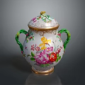 Intricate Ceramic Sculpture With Lid Green Handles Floral Patterns And Gold Accents