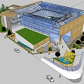 Modern Commercial Complex With Glass Curtain Wall Green Roof And Landscaped Entrance Area