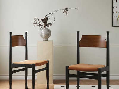 Two Modern Leisure Chairs With Wooden Backrest Black Legs And Orange Seat Cushions 3d model