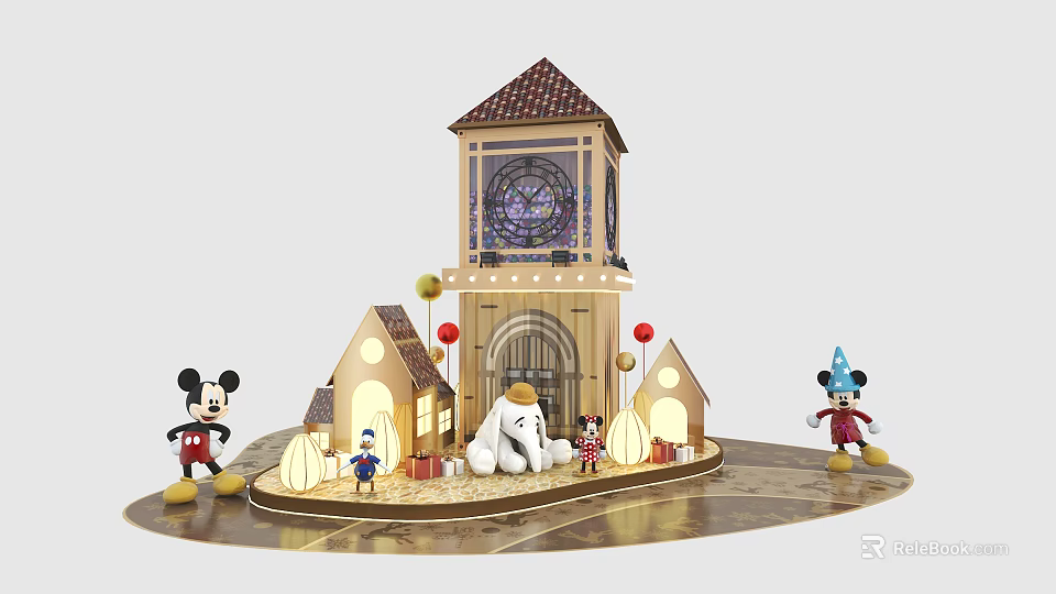 Enchanting Castle Like Building With Stained Glass Window Small Houses Disney Characters And Red Balloons 3d model 