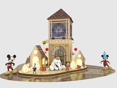 Enchanting Castle Like Building With Stained Glass Window Small Houses Disney Characters And Red Balloons 3d model