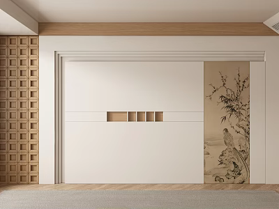 Sofa Background Wall In Chinese Style With White Wall Wooden Lattice And Flower Bird Painting 3d model
