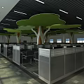 Public Office Space With Work Cubicles Green Tree Shaped Decorations And Black Slatted Ceiling 3d model