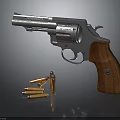 Silver Metal Revolver With Brown Wooden Grip And Bullets On Dark Background