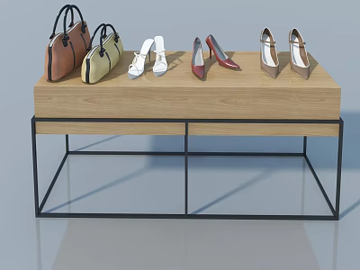 Wooden Swing Door Display Table With Leather Bags And Colorful Shoes On Metal Frame 3d model
