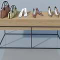 Wooden Swing Door Display Table With Leather Bags And Colorful Shoes On Metal Frame