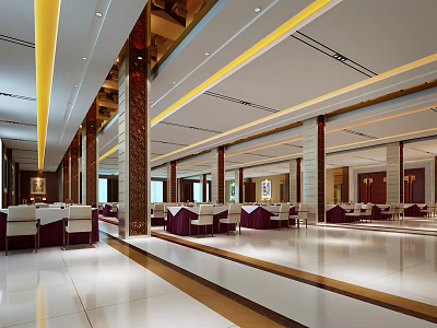 Spacious Modern Restaurant Interior With Marble Pillars White Tables Purple Chair Covers And Reflective Flooring 3d model