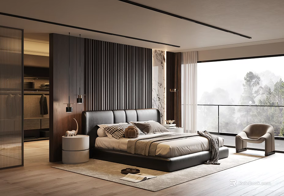 Modern Bedroom Interior Design With Dark Wooden Headboard And Floor To Ceiling Windows 3d model 