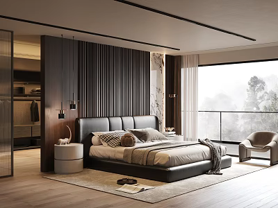 Modern Bedroom Interior Design With Dark Wooden Headboard And Floor To Ceiling Windows 3d model