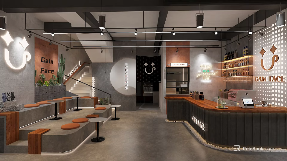 Modern Cafe Interior With Wooden Counter Orange Stools And Pendant Lights 3d model 