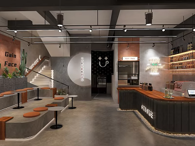 Modern Cafe Interior With Wooden Counter Orange Stools And Pendant Lights 3d model