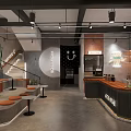 Modern Cafe Interior With Wooden Counter Orange Stools And Pendant Lights