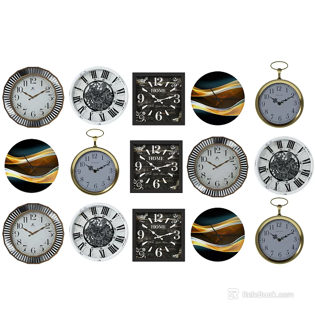 Various Stylish Wall And Pocket Clocks With Roman Numerals Abstract Patterns And Golden Frames 3d model 
