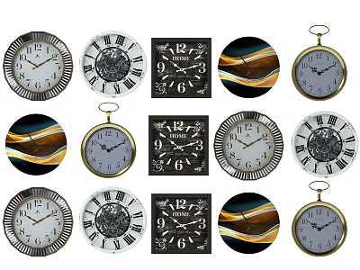 Various Stylish Wall And Pocket Clocks With Roman Numerals Abstract Patterns And Golden Frames 3d model