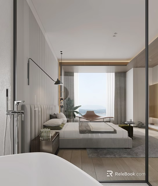 Modern Bedroom Interior With King Bed Floor Lamp Accent Chair And Window View 3d model 