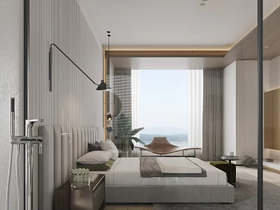 Modern Bedroom Interior With King Bed Floor Lamp Accent Chair And Window View 3d model