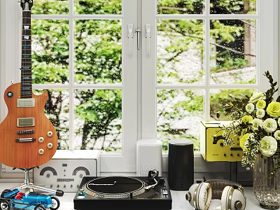 Headphones and Speakers with Vinyl Turntable in Bright Room with Green Plants 3d model