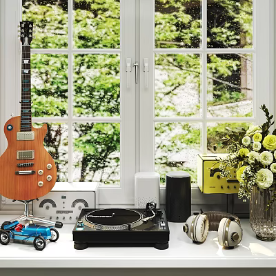 Headphones and Speakers with Vinyl Turntable in Bright Room with Green Plants 3d model