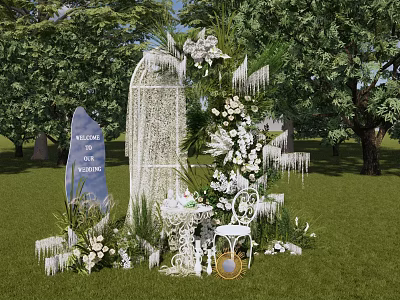 Scenic Outdoor Photo Spot With Arched White Decor Flowers Vines And Green Trees 3d model