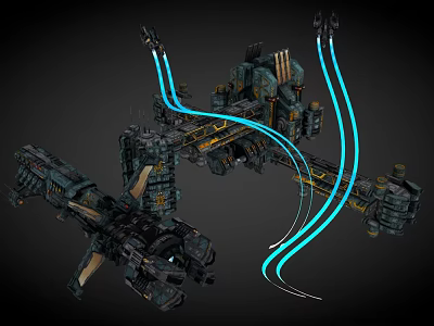 Futuristic Sci Fi Mechanical Structure With Blue Energy Beams And Intricate Metallic Components 3d model