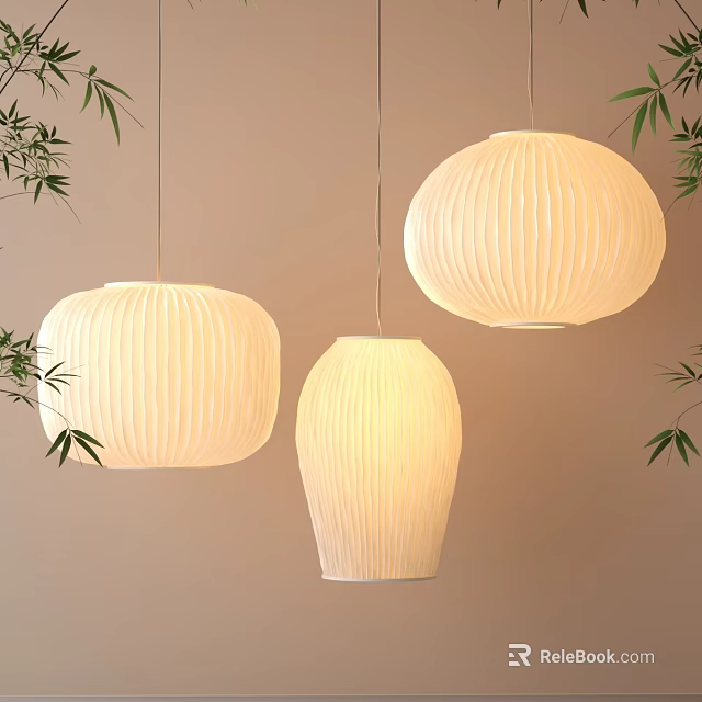 Decorative Hanging Lanterns with Modern Ribbed Design and Bamboo Leaf Accents 3d model 