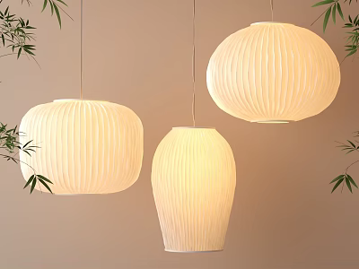 Decorative Hanging Lanterns with Modern Ribbed Design and Bamboo Leaf Accents 3d model