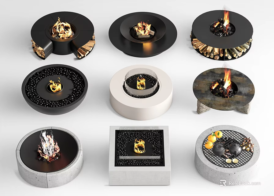 Modern Fireplace Collection Featuring Round Square Shapes With Wood Logs Stones And Flames 3d model 