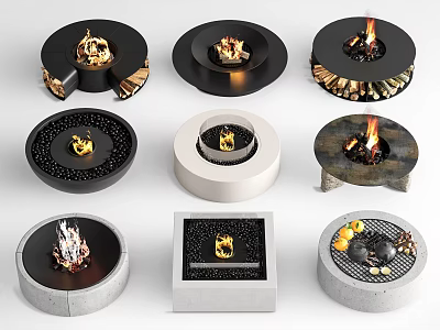 Modern Fireplace Collection Featuring Round Square Shapes With Wood Logs Stones And Flames 3d model