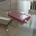 Modern Office Desk With Glass Top White Frame Computer Monitor Headphones And Mesh Organizer