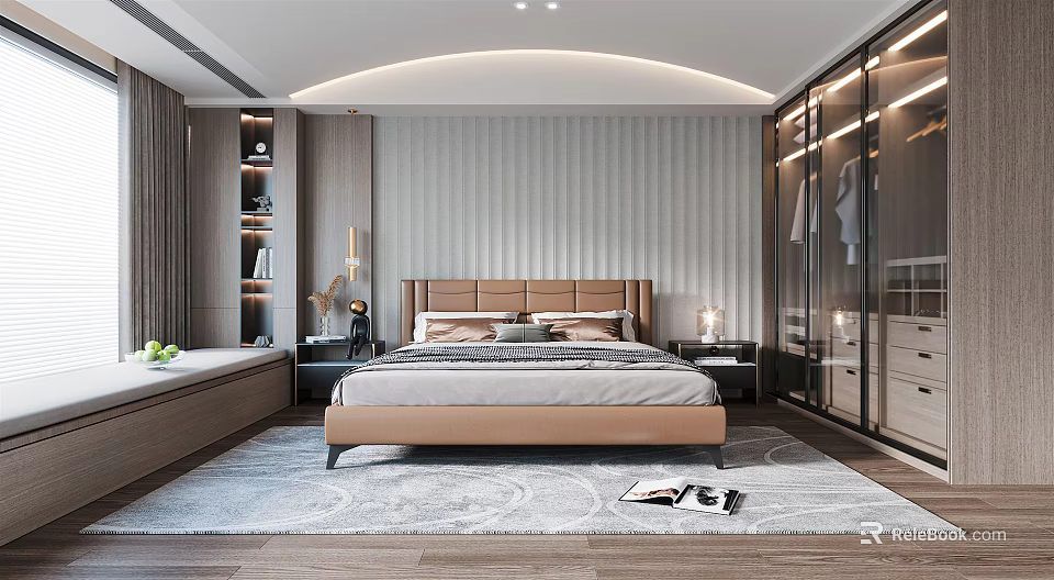 Modern Bedroom Interior Design With Comfortable Bed Textured Wall And Built In Wardrobe 3d model 