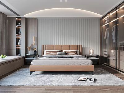 Modern Bedroom Interior Design With Comfortable Bed Textured Wall And Built In Wardrobe 3d model