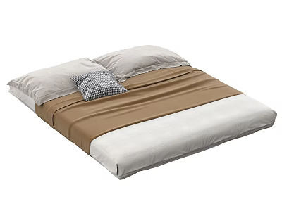 Double Bed With White And Brown Bedspread Two Pillows And Checkered Cushion 3d model