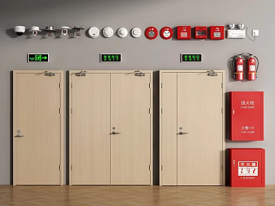 Wall Mounted Fire Safety Equipment With Beige Doors Red Extinguishers And Green Indicators 3d model