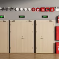 Wall Mounted Fire Safety Equipment With Beige Doors Red Extinguishers And Green Indicators